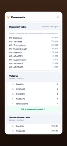 Classements hebdomadaire et à vie