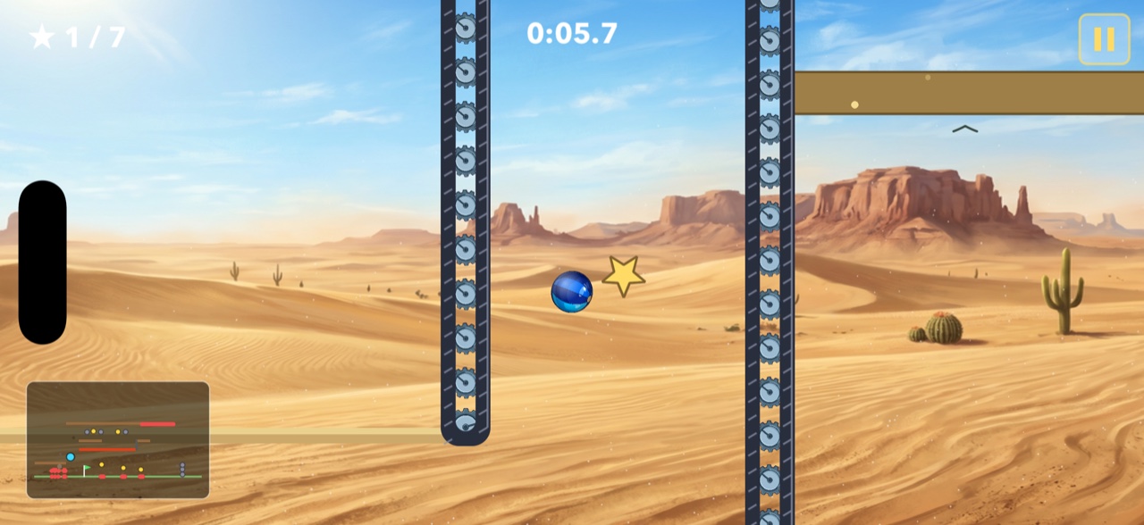 Desert level — conveyor walls, pyramid, and a directional arrow