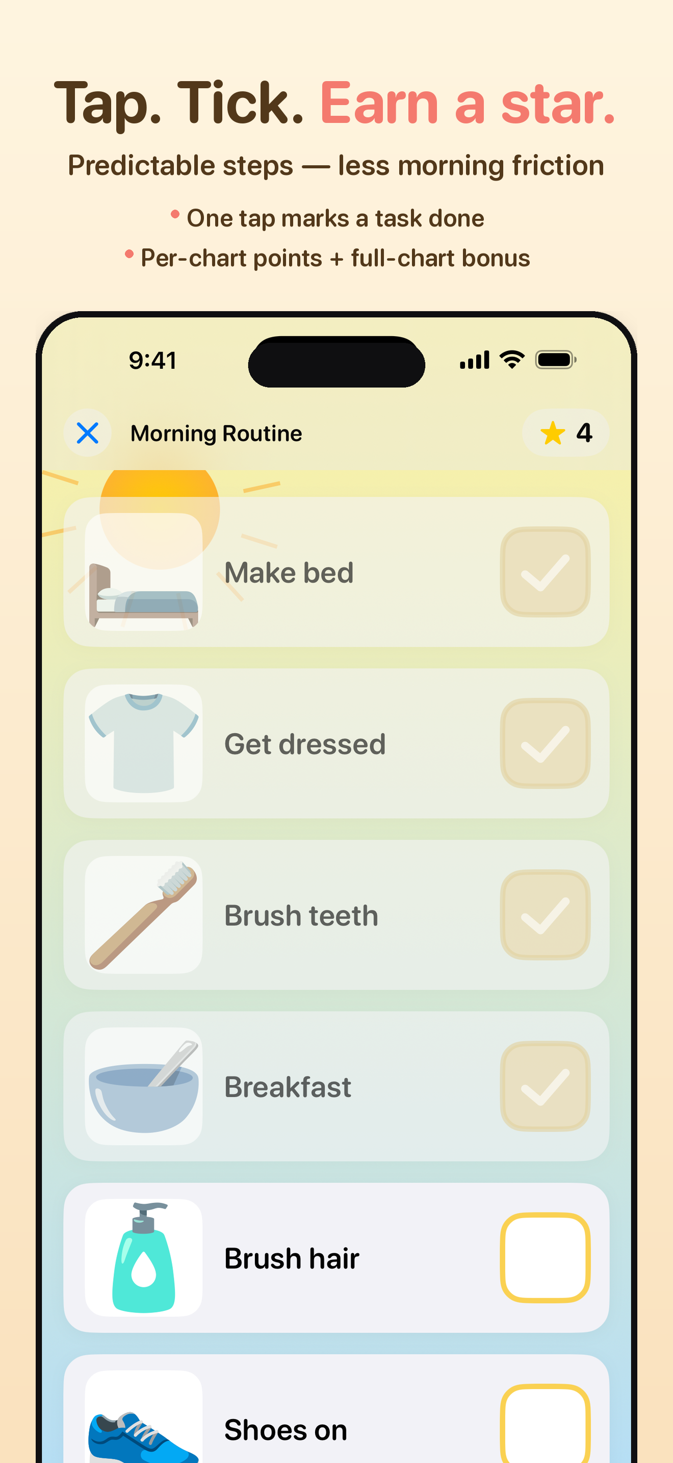 A routine running in Charty: get dressed, brush teeth, breakfast and more, each with a tick box