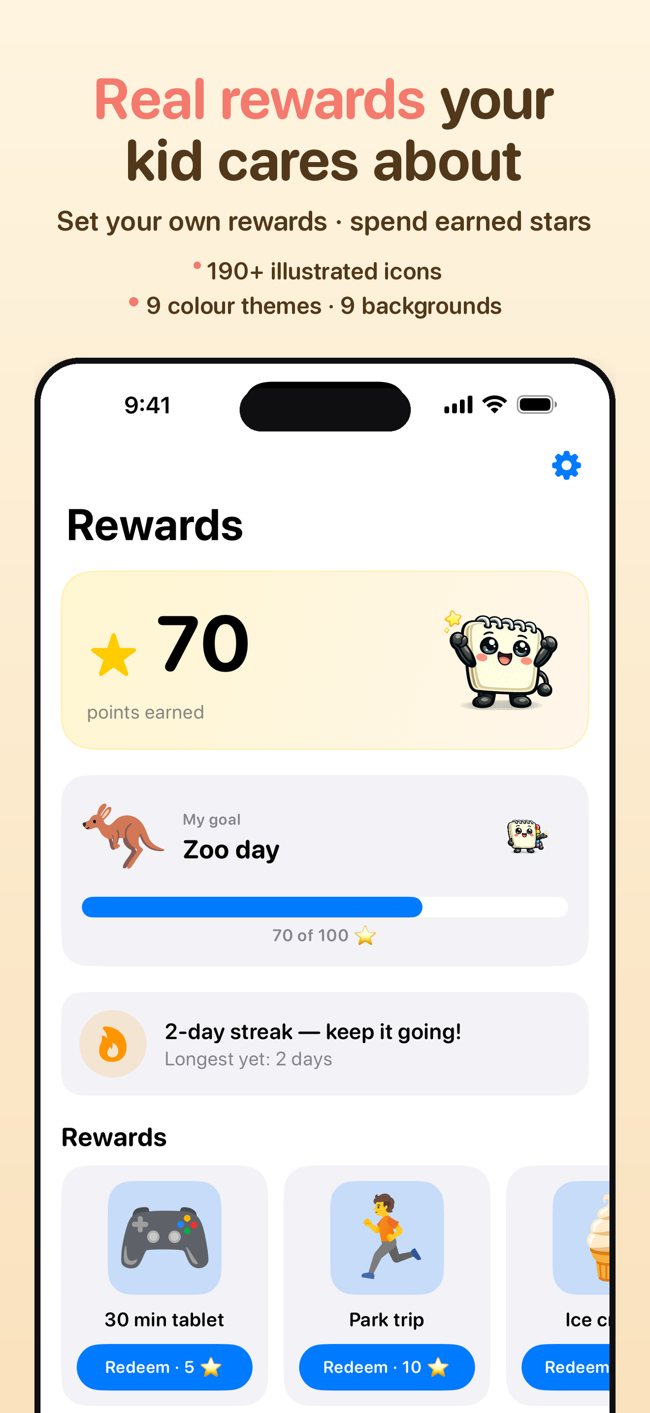The Rewards tab: 70 stars earned, a Zoo day goal part-filled, and rewards the parent set