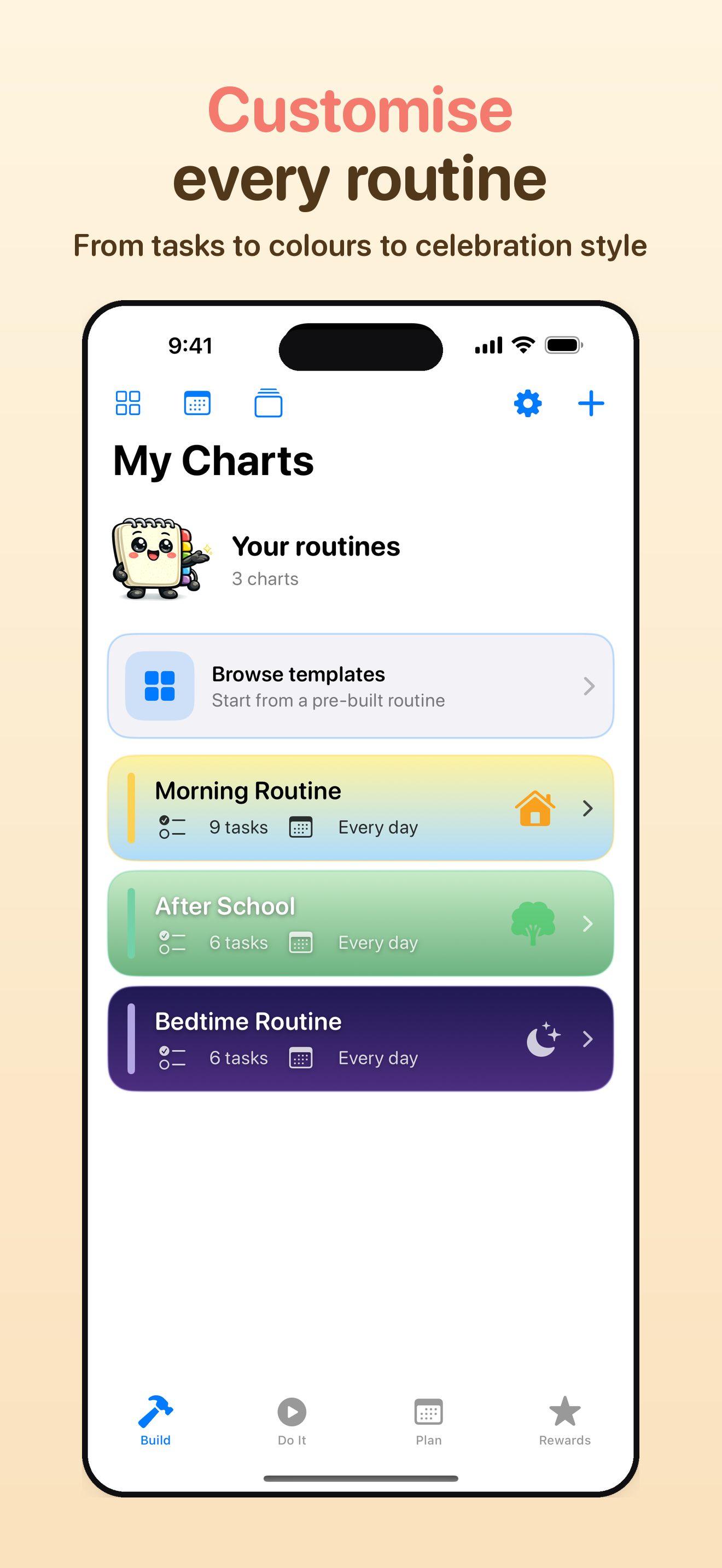 Charty's Build tab, where a parent creates and customises each routine
