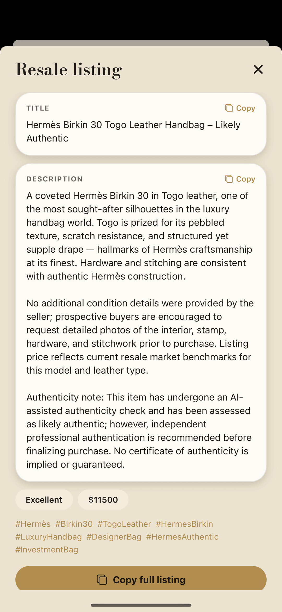 One-tap resale listing generator