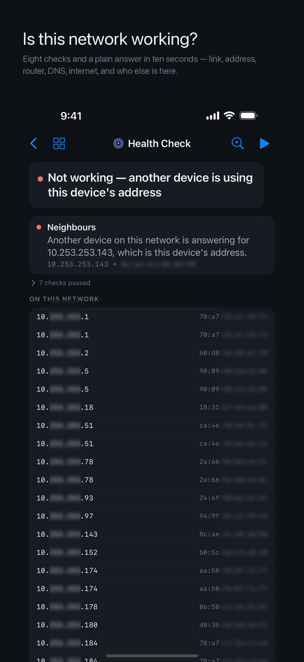 A health check verdict and the devices seen on the network