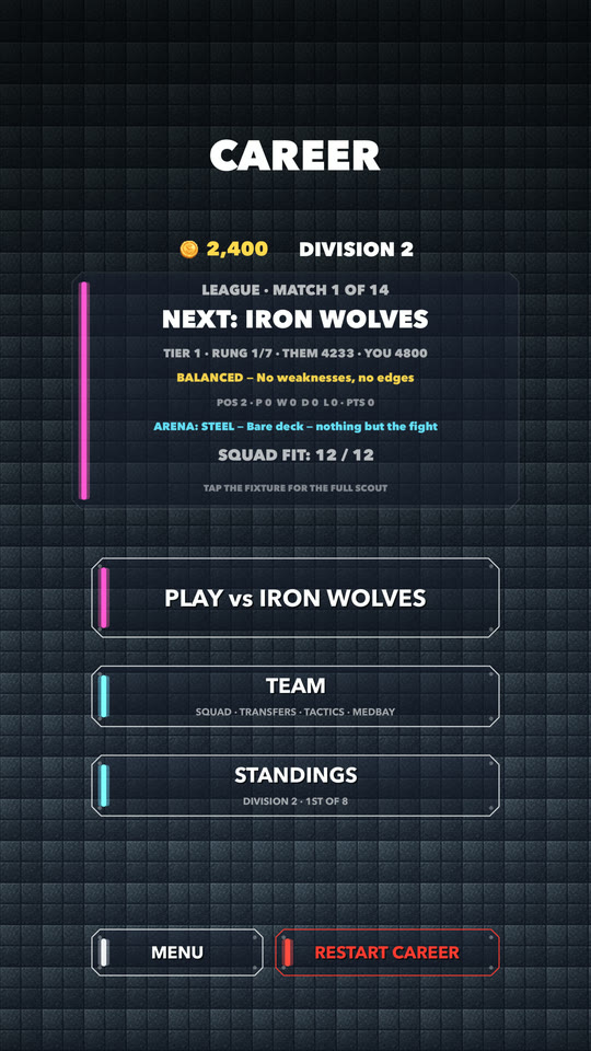 The career hub showing credits, division and next fixture
