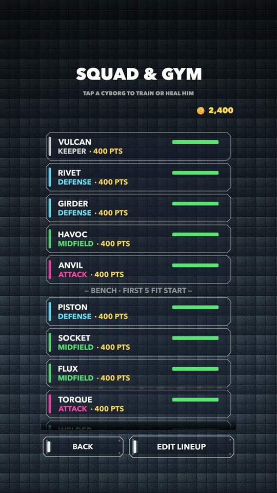 Squad and gym screen with the full twelve-cyborg roster